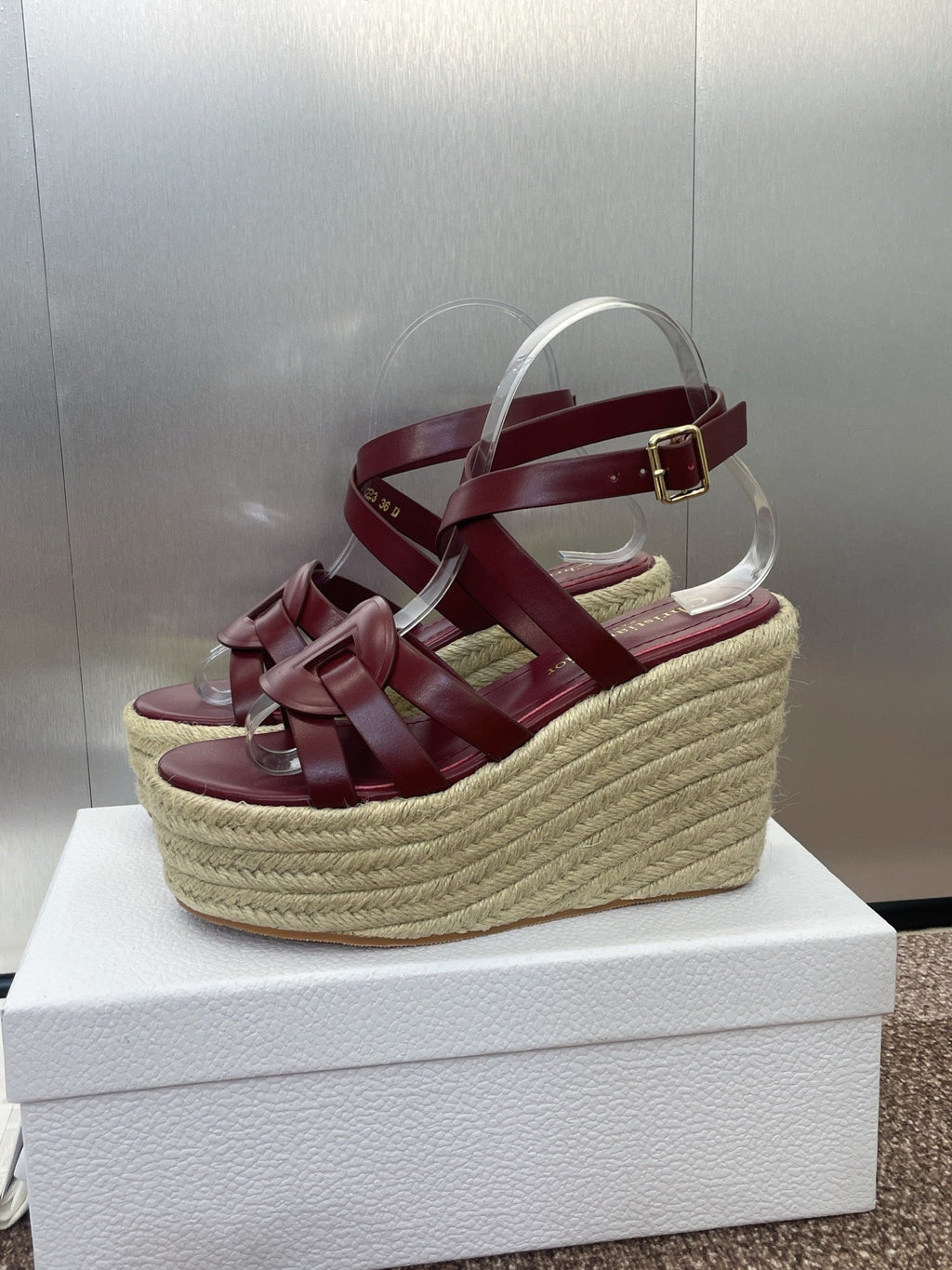 DIOR D-CLUB 25S HIGH HEEL WEDGE 100MM IN BURGUNDY RED CALFSKIN RAFFIA SOLE