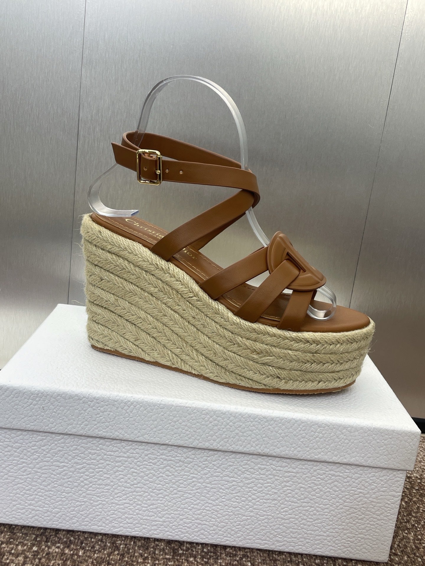 DIOR D-CLUB 25S HIGH HEEL WEDGE 100MM IN BROWN CALFSKIN RAFFIA SOLE