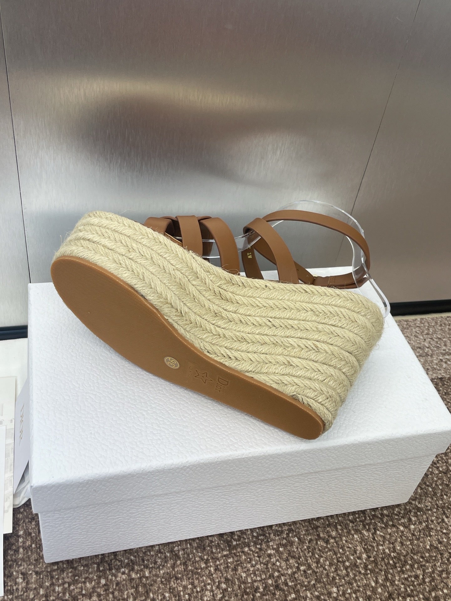 DIOR D-CLUB 25S HIGH HEEL WEDGE 100MM IN BROWN CALFSKIN RAFFIA SOLE