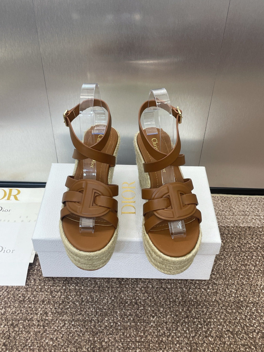 DIOR D-CLUB 25S HIGH HEEL WEDGE 100MM IN BROWN CALFSKIN RAFFIA SOLE