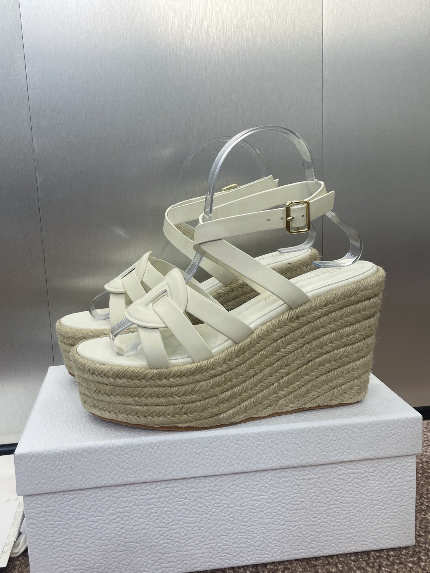 DIOR D-CLUB 25S HIGH HEEL WEDGE 100MM IN WHITE CALFSKIN RAFFIA SOLE