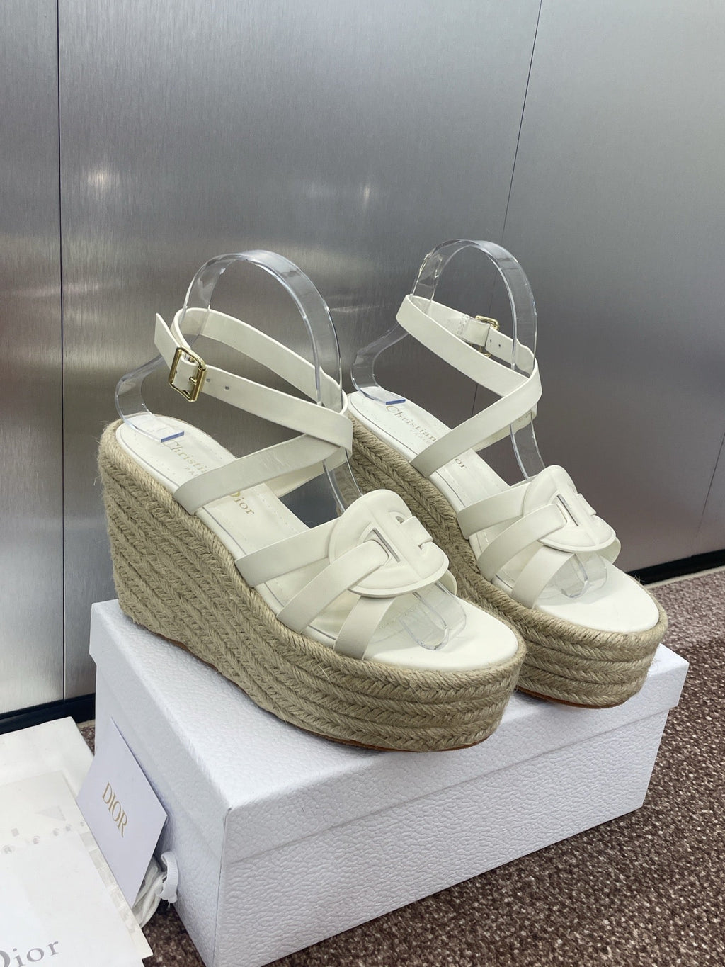 DIOR D-CLUB 25S HIGH HEEL WEDGE 100MM IN WHITE CALFSKIN RAFFIA SOLE