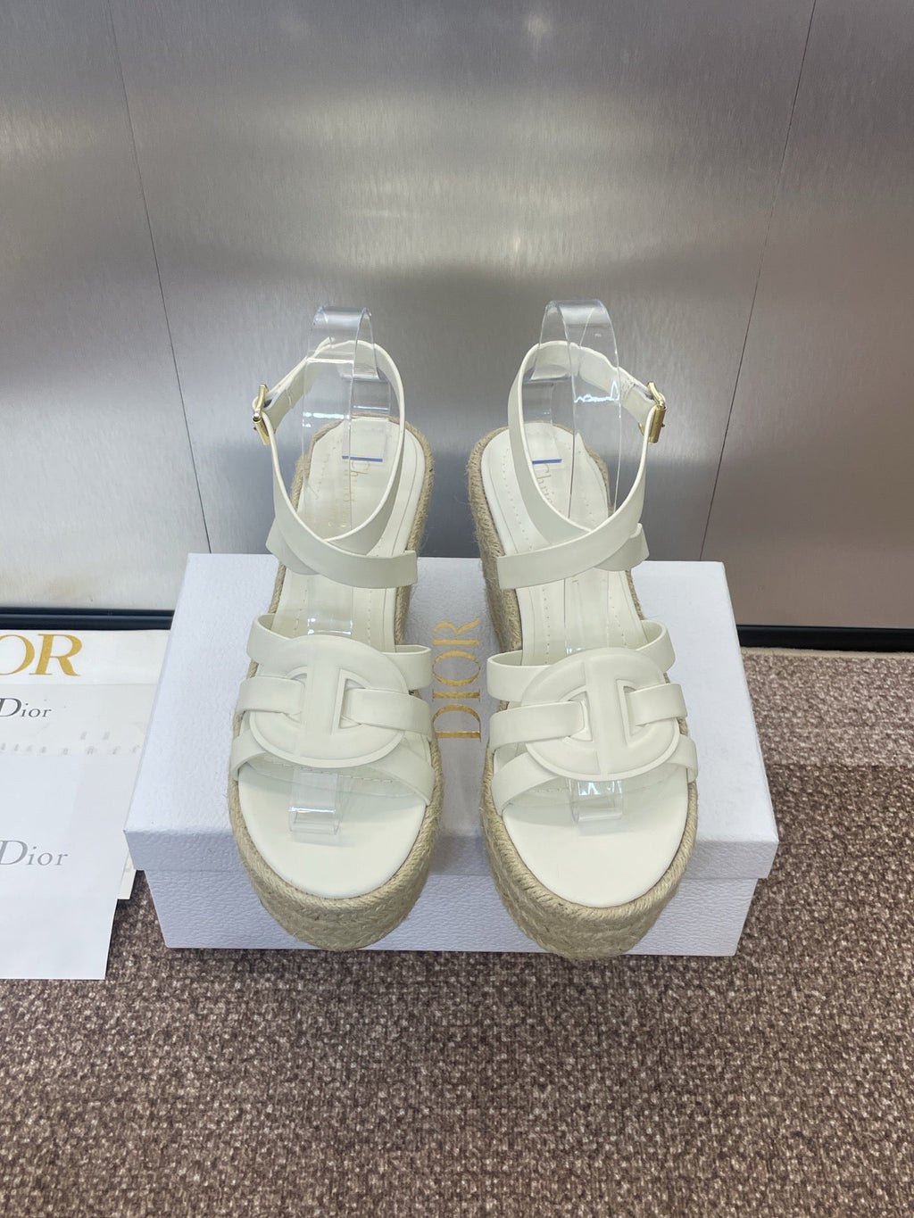 DIOR D-CLUB 25S HIGH HEEL WEDGE 100MM IN WHITE CALFSKIN RAFFIA SOLE