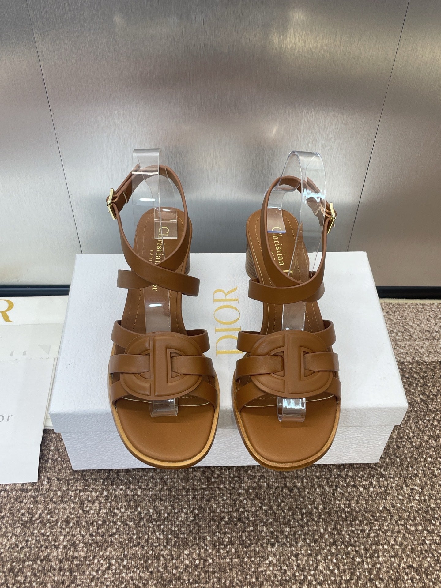 DIOR D-CLUB HIGH HEEL SLIDE 25S 55MM IN BROWN CALFSKIN