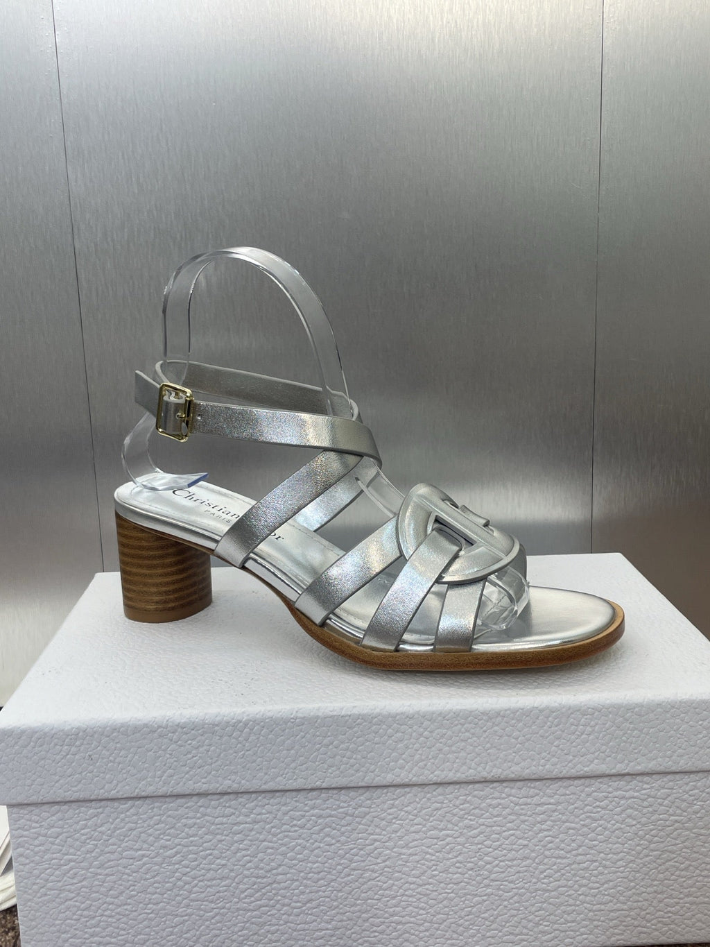 DIOR D-CLUB HIGH HEEL SLIDE 25S 55MM IN SILVER GLOSSY CALFSKIN