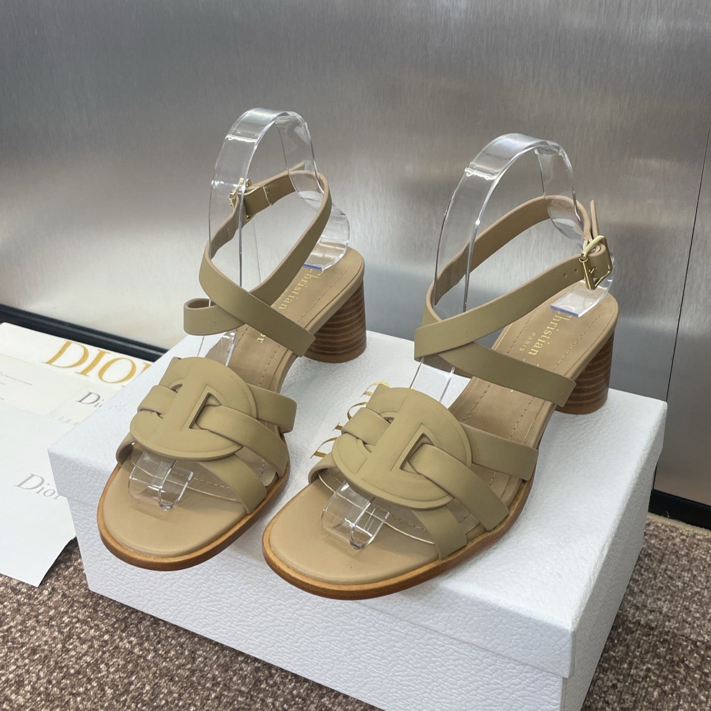 DIOR D-CLUB HIGH HEEL SLIDE 25S 55MM IN GOLDEN BEIGE CALFSKIN