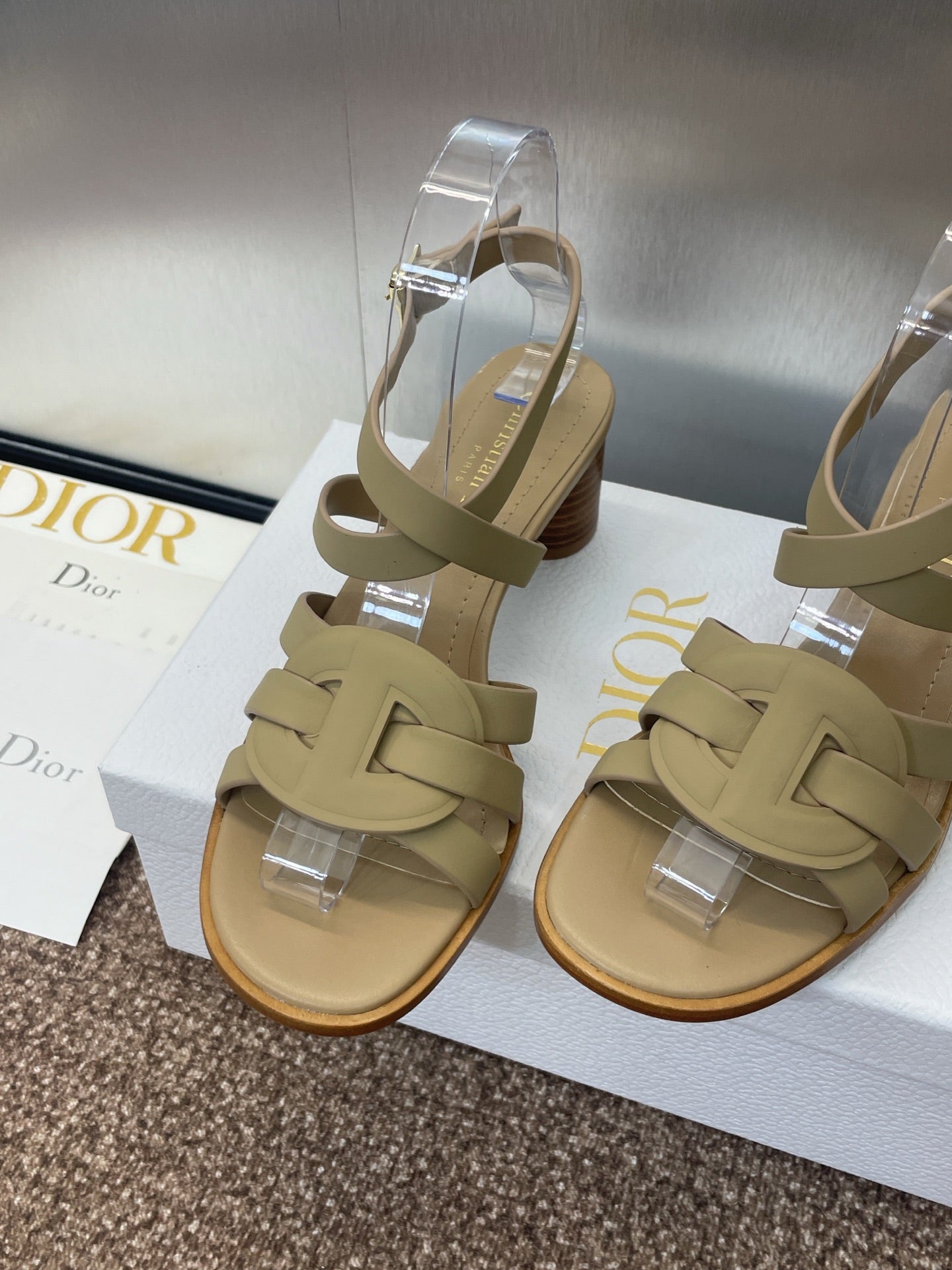 DIOR D-CLUB HIGH HEEL SLIDE 25S 55MM IN GOLDEN BEIGE CALFSKIN