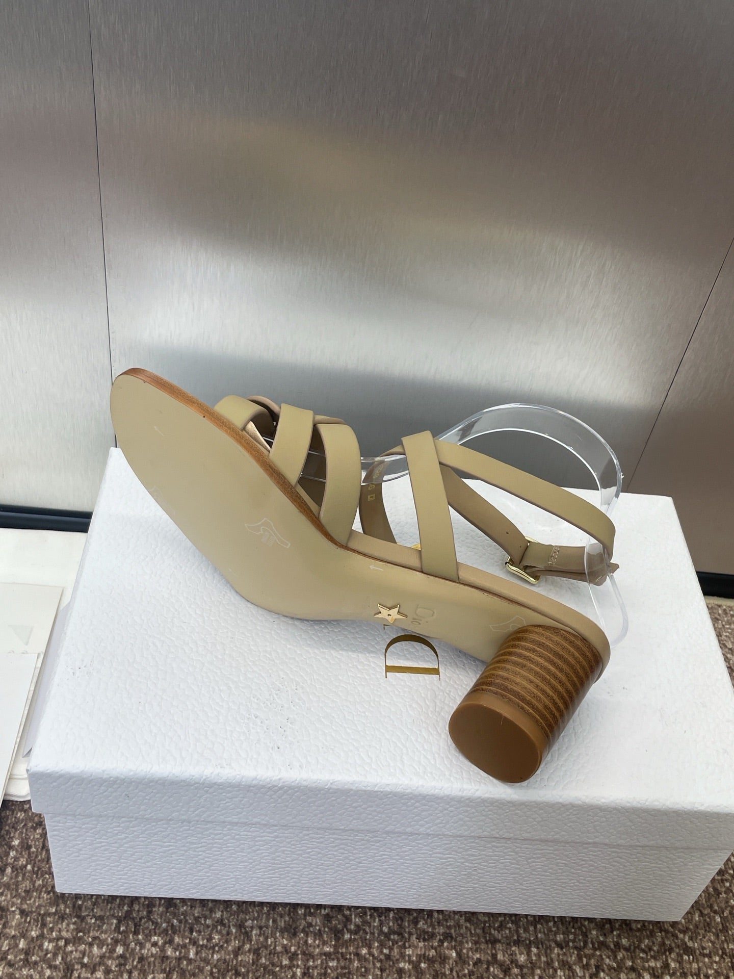 DIOR D-CLUB HIGH HEEL SLIDE 25S 55MM IN GOLDEN BEIGE CALFSKIN