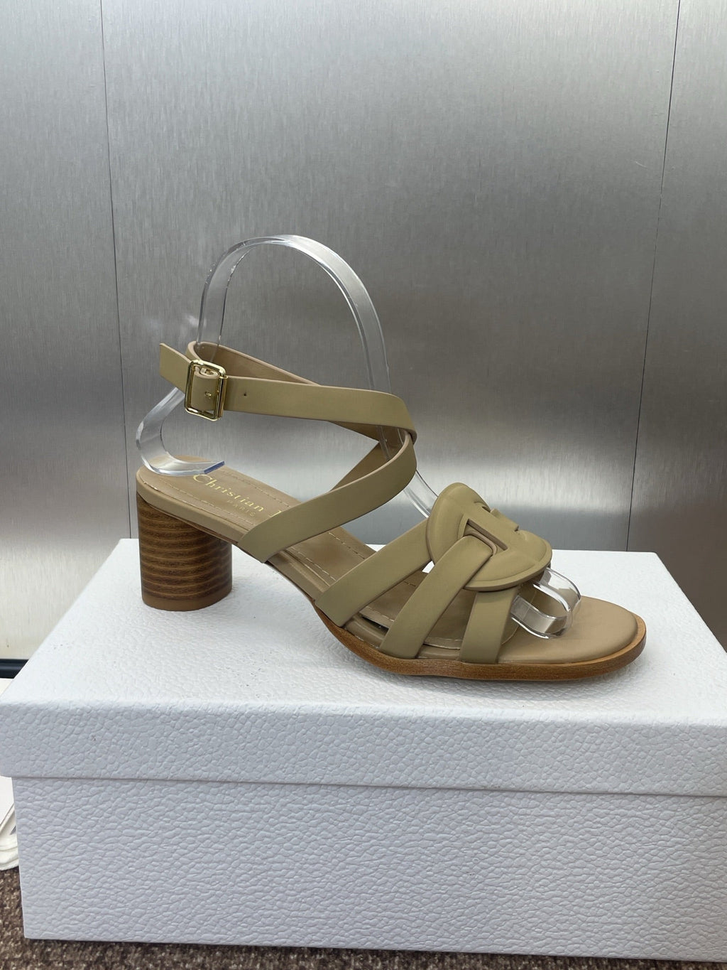 DIOR D-CLUB HIGH HEEL SLIDE 25S 55MM IN GOLDEN BEIGE CALFSKIN