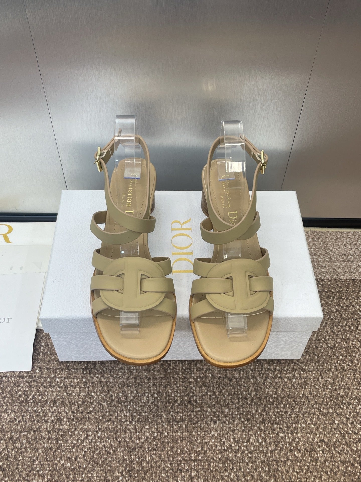 DIOR D-CLUB HIGH HEEL SLIDE 25S 55MM IN GOLDEN BEIGE CALFSKIN