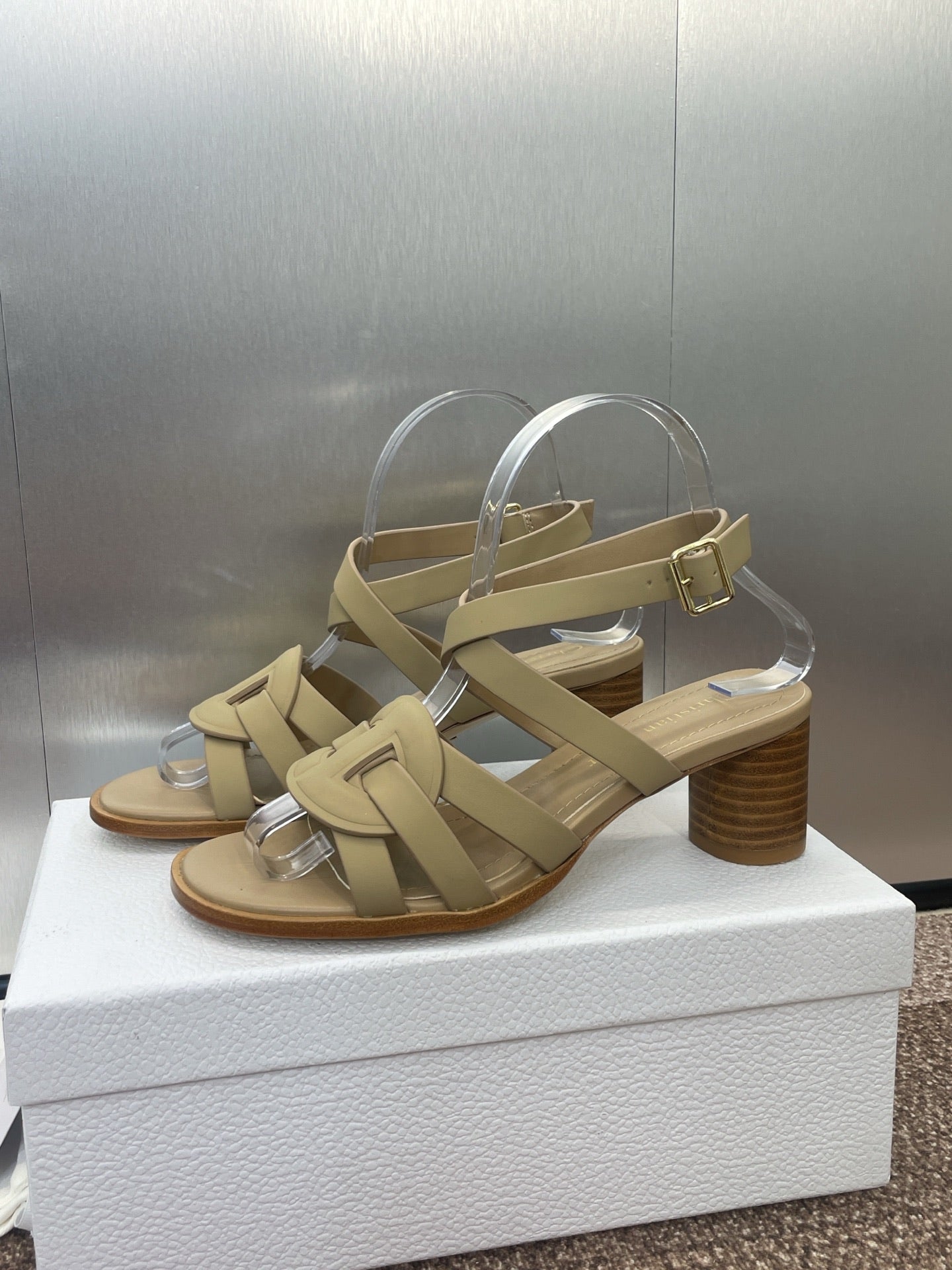 DIOR D-CLUB HIGH HEEL SLIDE 25S 55MM IN GOLDEN BEIGE CALFSKIN