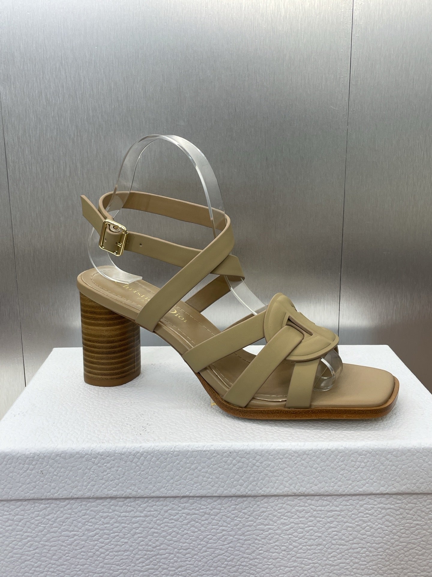 DIOR D-CLUB HIGH HEEL SLIDE 25S 80MM IN GOLDEN BEIGE CALFSKIN