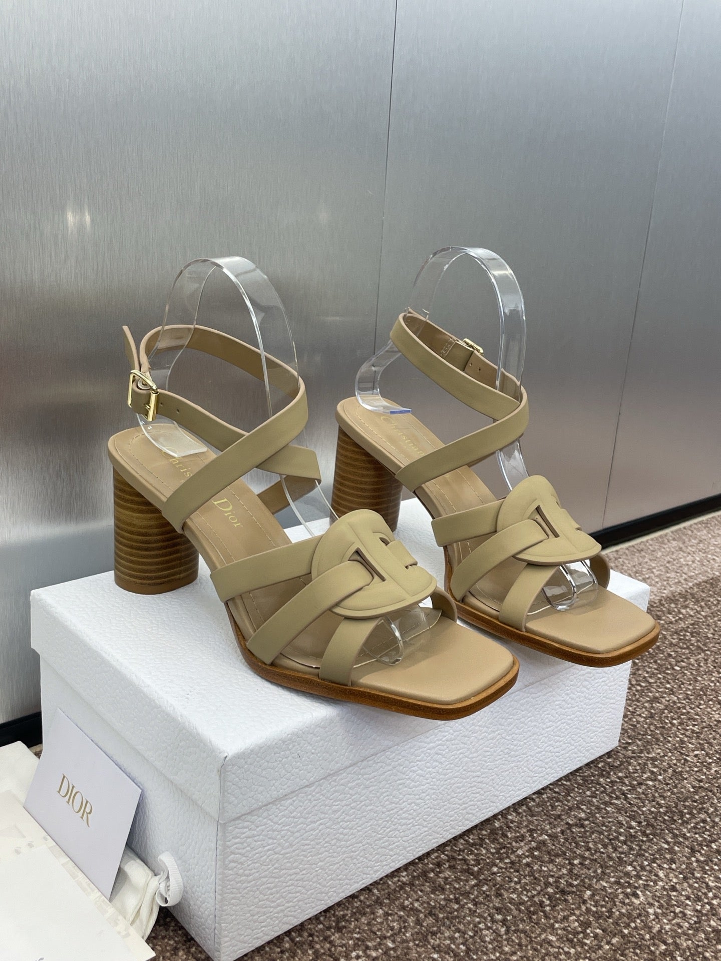 DIOR D-CLUB HIGH HEEL SLIDE 25S 80MM IN GOLDEN BEIGE CALFSKIN