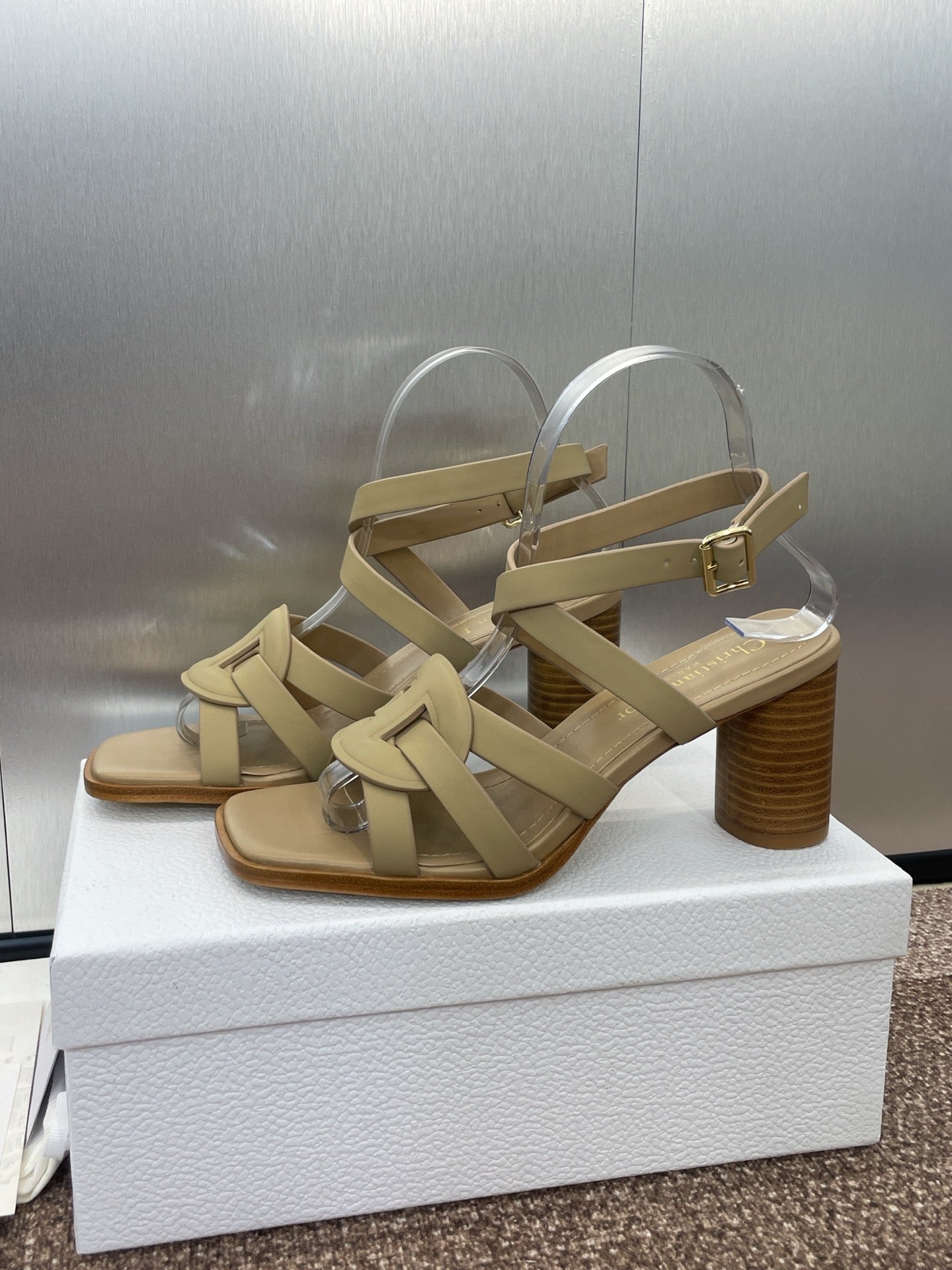 DIOR D-CLUB HIGH HEEL SLIDE 25S 80MM IN GOLDEN BEIGE CALFSKIN
