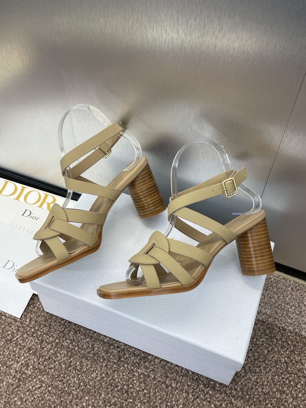 DIOR D-CLUB HIGH HEEL SLIDE 25S 80MM IN GOLDEN BEIGE CALFSKIN