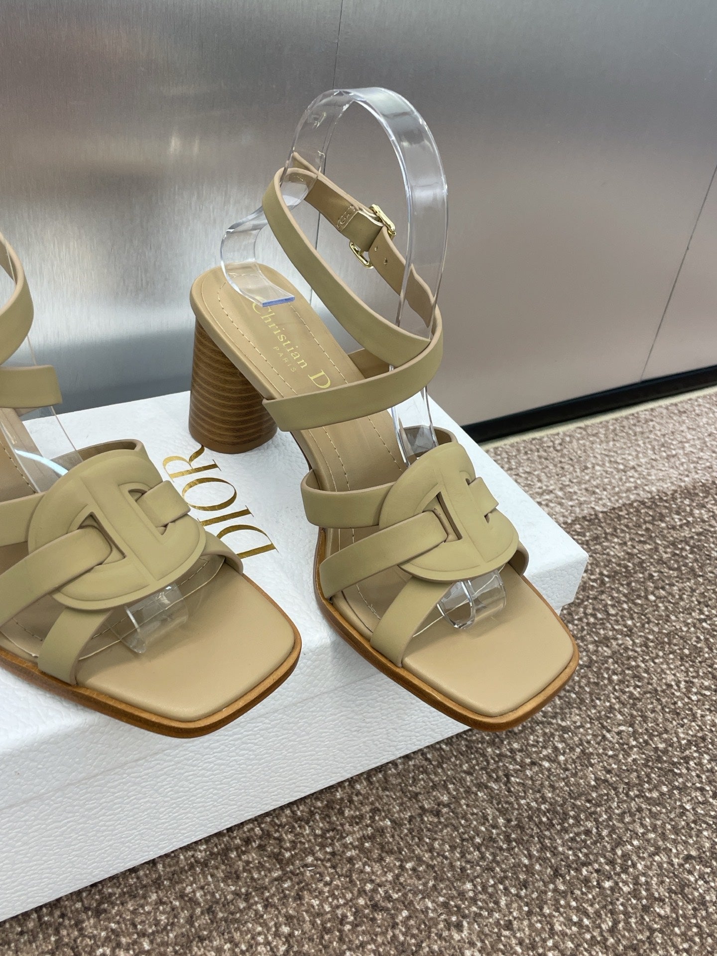 DIOR D-CLUB HIGH HEEL SLIDE 25S 80MM IN GOLDEN BEIGE CALFSKIN
