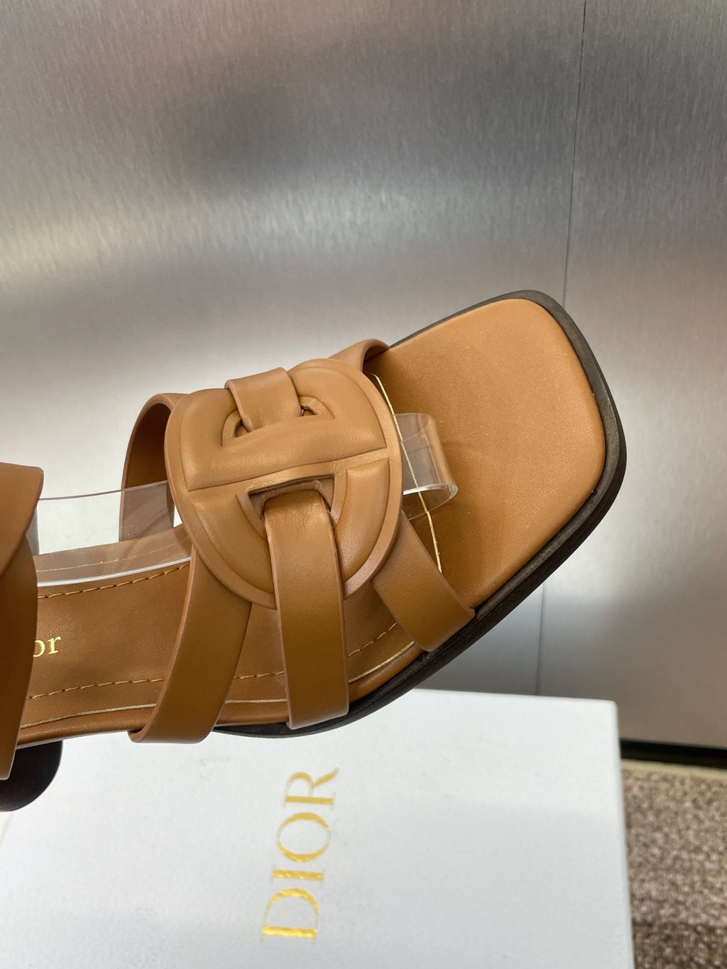 DIOR D-CLUB HIGH HEEL SLIDE 25S 80MM IN BROWN CALFSKIN