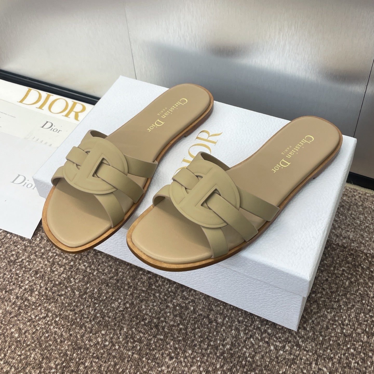 DIOR D-CLUB SLIDE SANDAL 25S IN GOLDEN BEIGE CALFSKIN