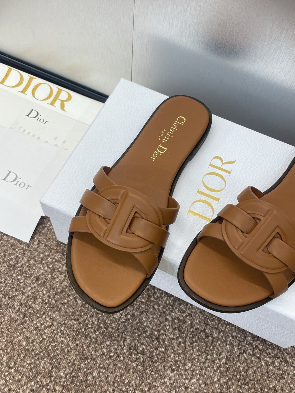 DIOR D-CLUB SLIDE SANDAL 25S IN BROWN CALFSKIN