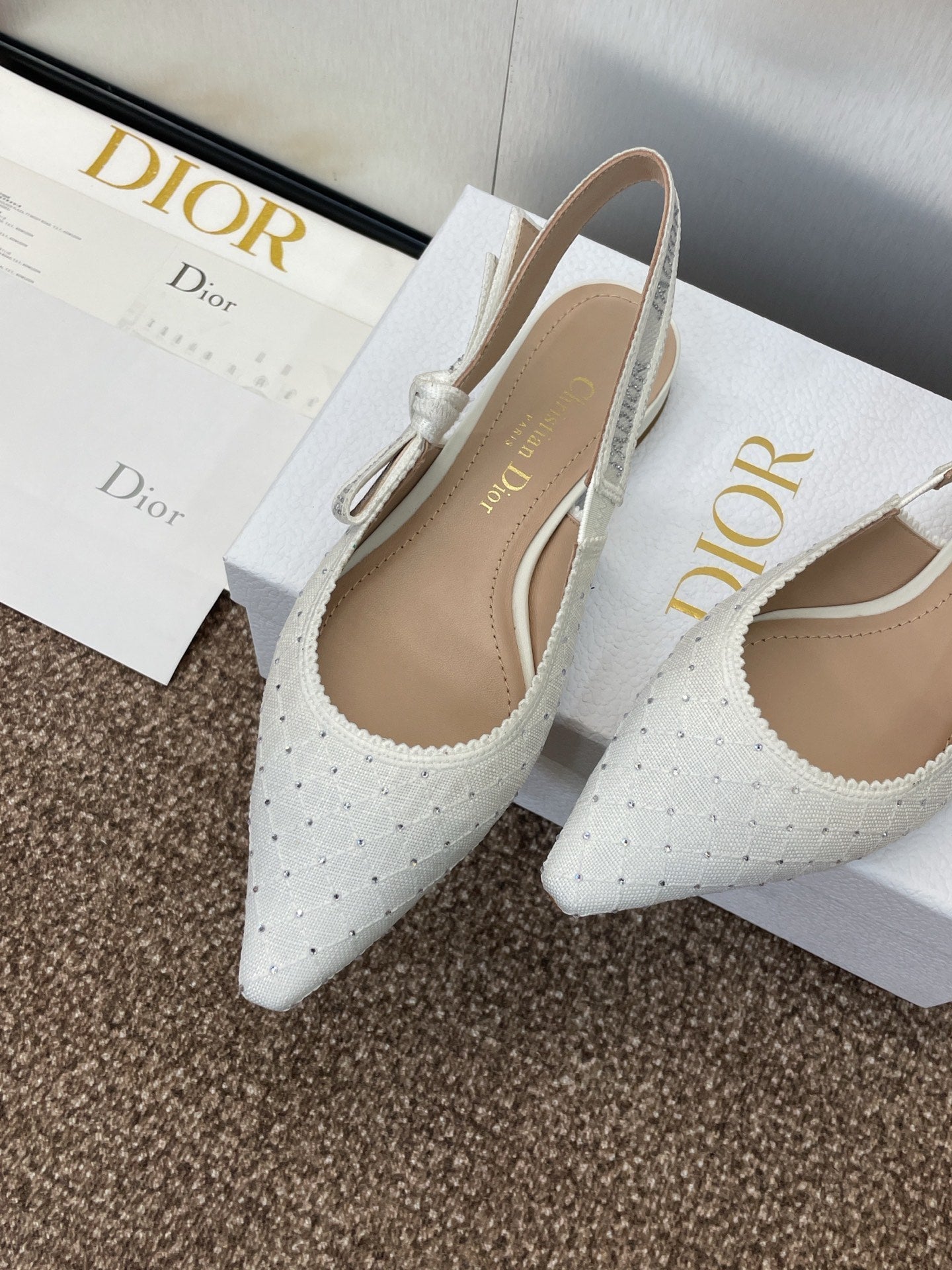 DIOR J'A SLINGBACK 25S IN WHITE FABRIC EMBOSSED CRYSTAL