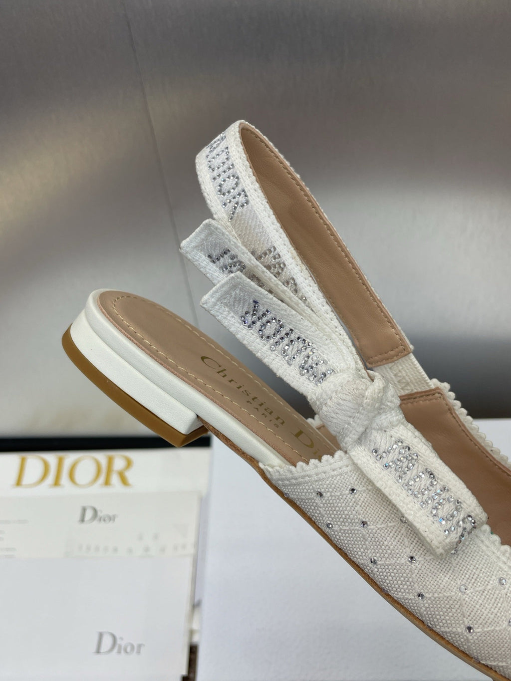 DIOR J'A SLINGBACK 25S IN WHITE FABRIC EMBOSSED CRYSTAL