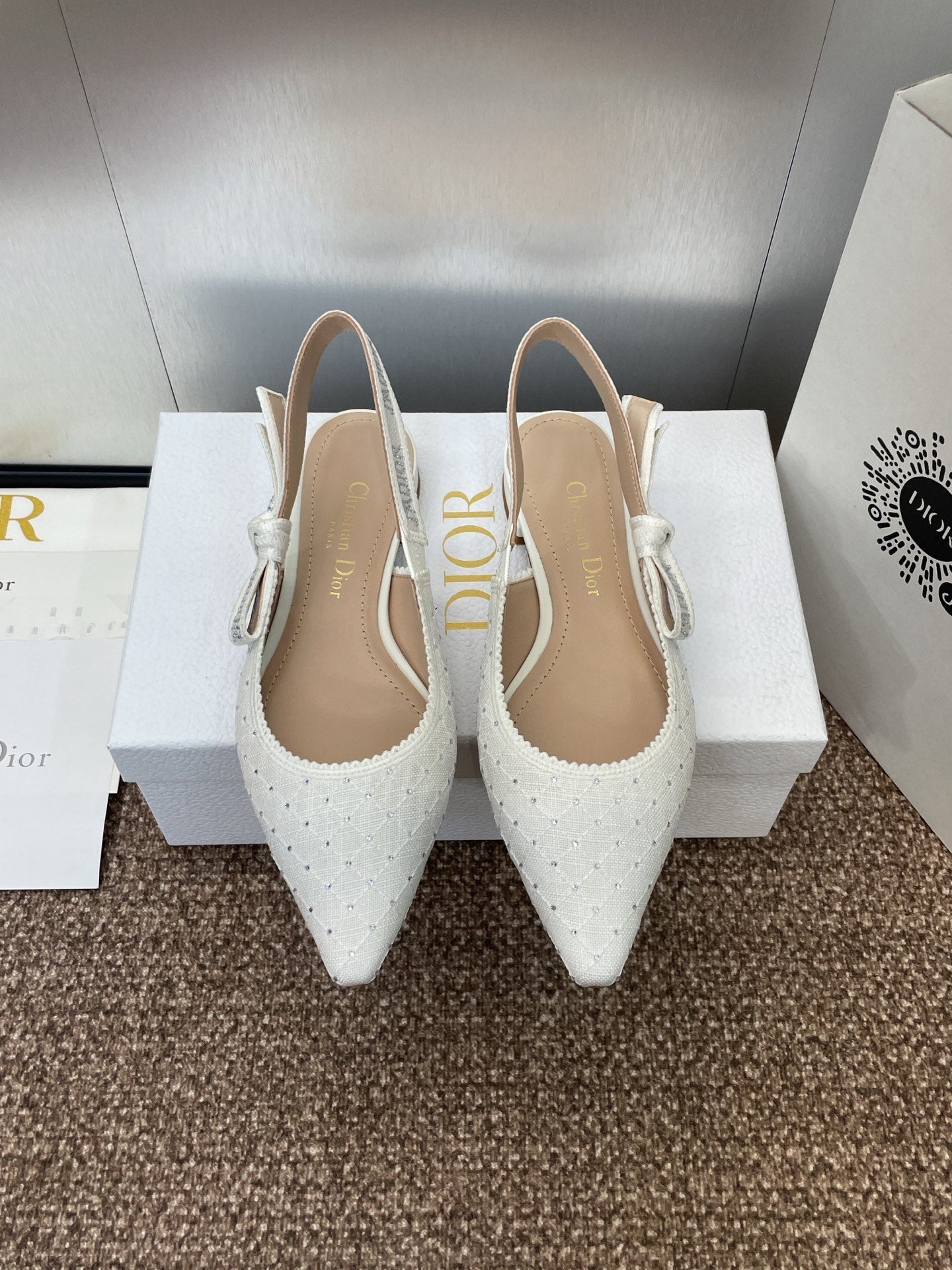 DIOR J'A SLINGBACK 25S IN WHITE FABRIC EMBOSSED CRYSTAL