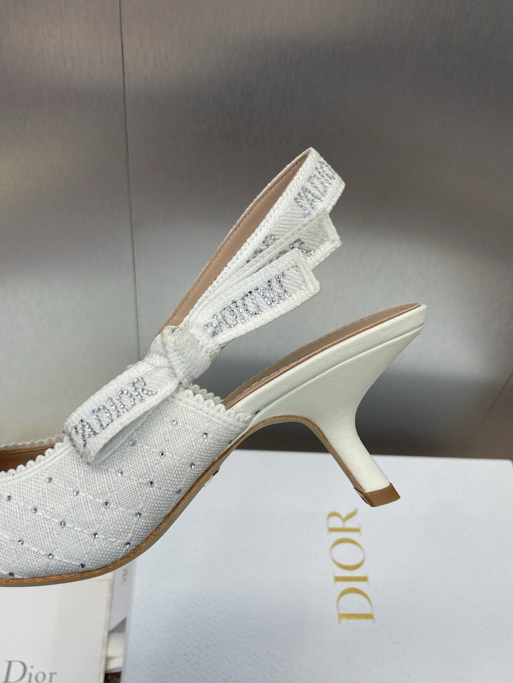 DIOR J'A SLINGBACK 25S PUMP 65MM IN WHITE FABRIC EMBOSSED CRYSTAL