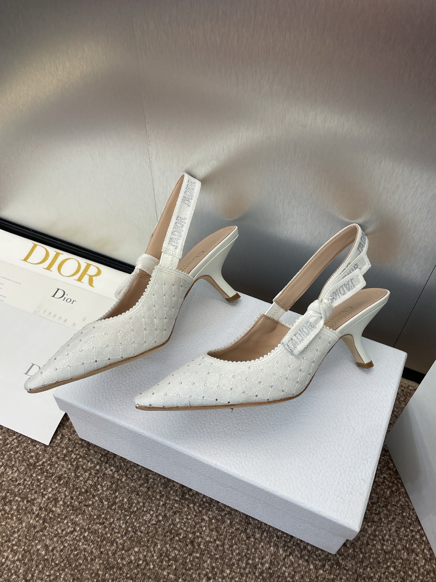 DIOR J'A SLINGBACK 25S PUMP 65MM IN WHITE FABRIC EMBOSSED CRYSTAL