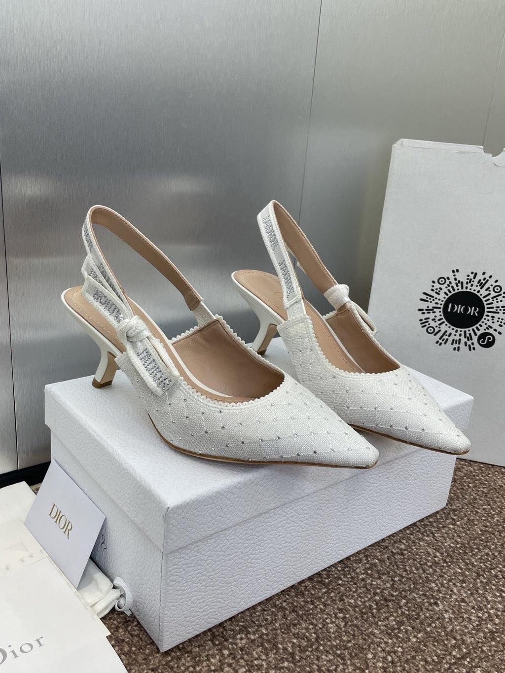 DIOR J'A SLINGBACK 25S PUMP 65MM IN WHITE FABRIC EMBOSSED CRYSTAL