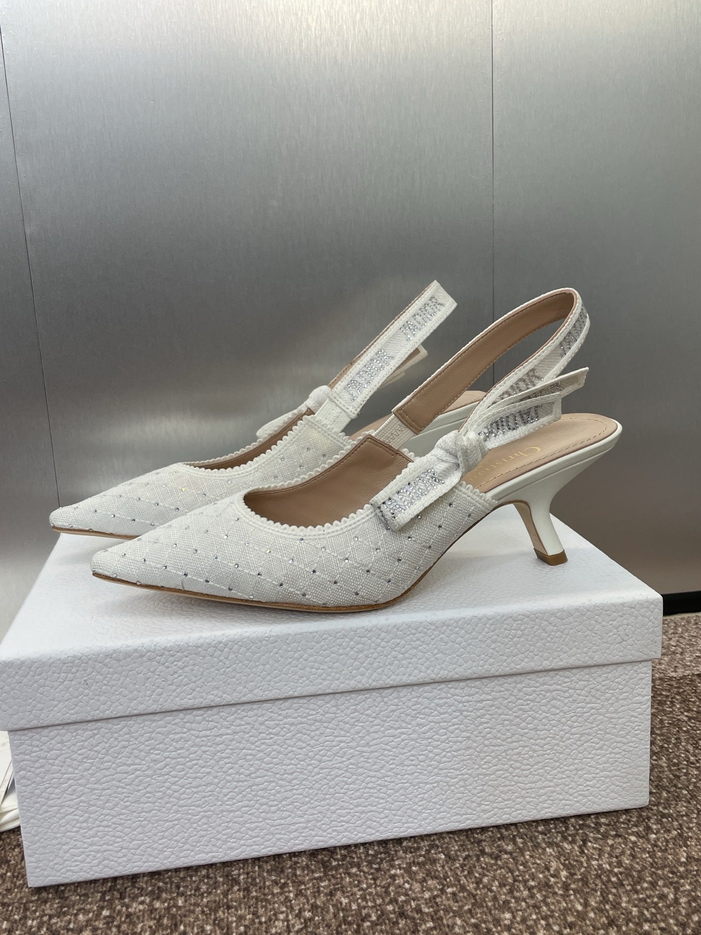 DIOR J'A SLINGBACK 25S PUMP 65MM IN WHITE FABRIC EMBOSSED CRYSTAL