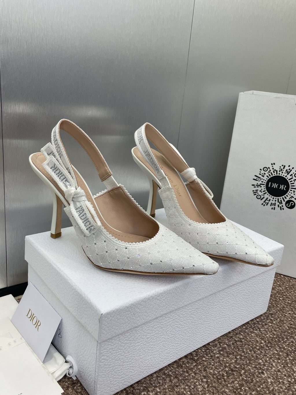 DIOR J'A SLINGBACK 25S PUMP 95MM IN WHITE FABRIC EMBOSSED CRYSTAL