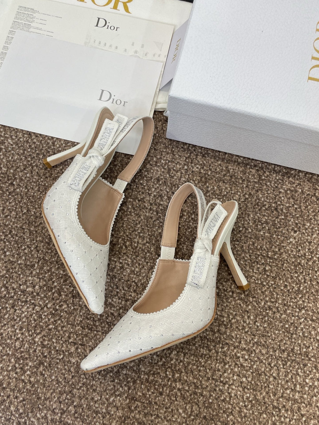 DIOR J'A SLINGBACK 25S PUMP 95MM IN WHITE FABRIC EMBOSSED CRYSTAL