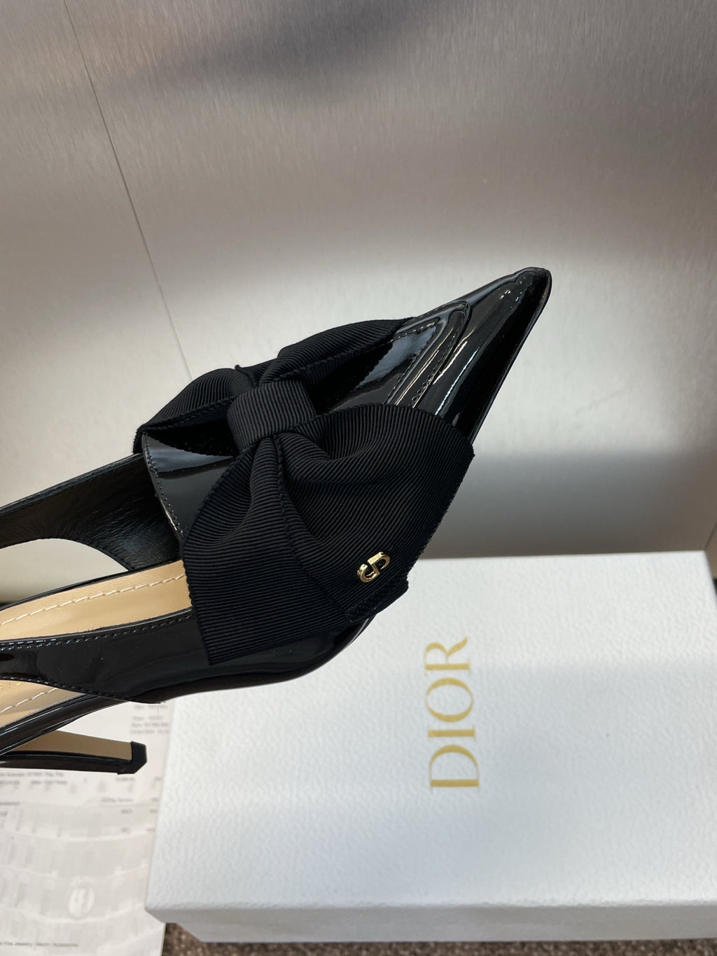 DIOR 25S SLINGBACK PUMP 80MM IN BLACK PATENT CALFSKIN AND GROSGRAIN