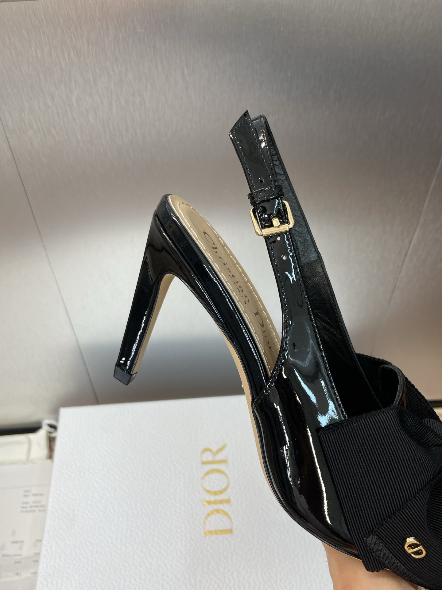 DIOR 25S SLINGBACK PUMP 80MM IN BLACK PATENT CALFSKIN AND GROSGRAIN