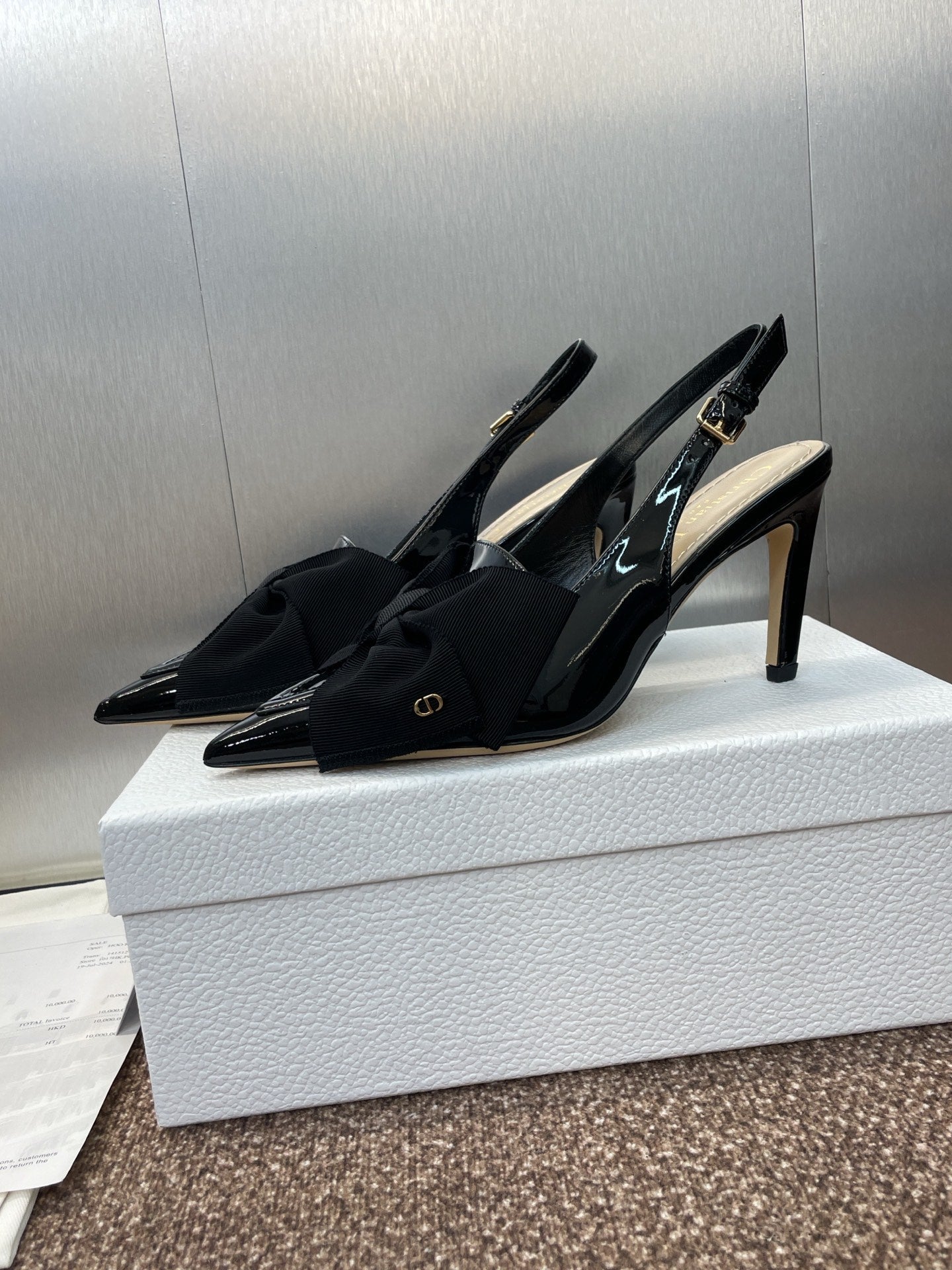 DIOR 25S SLINGBACK PUMP 80MM IN BLACK PATENT CALFSKIN AND GROSGRAIN