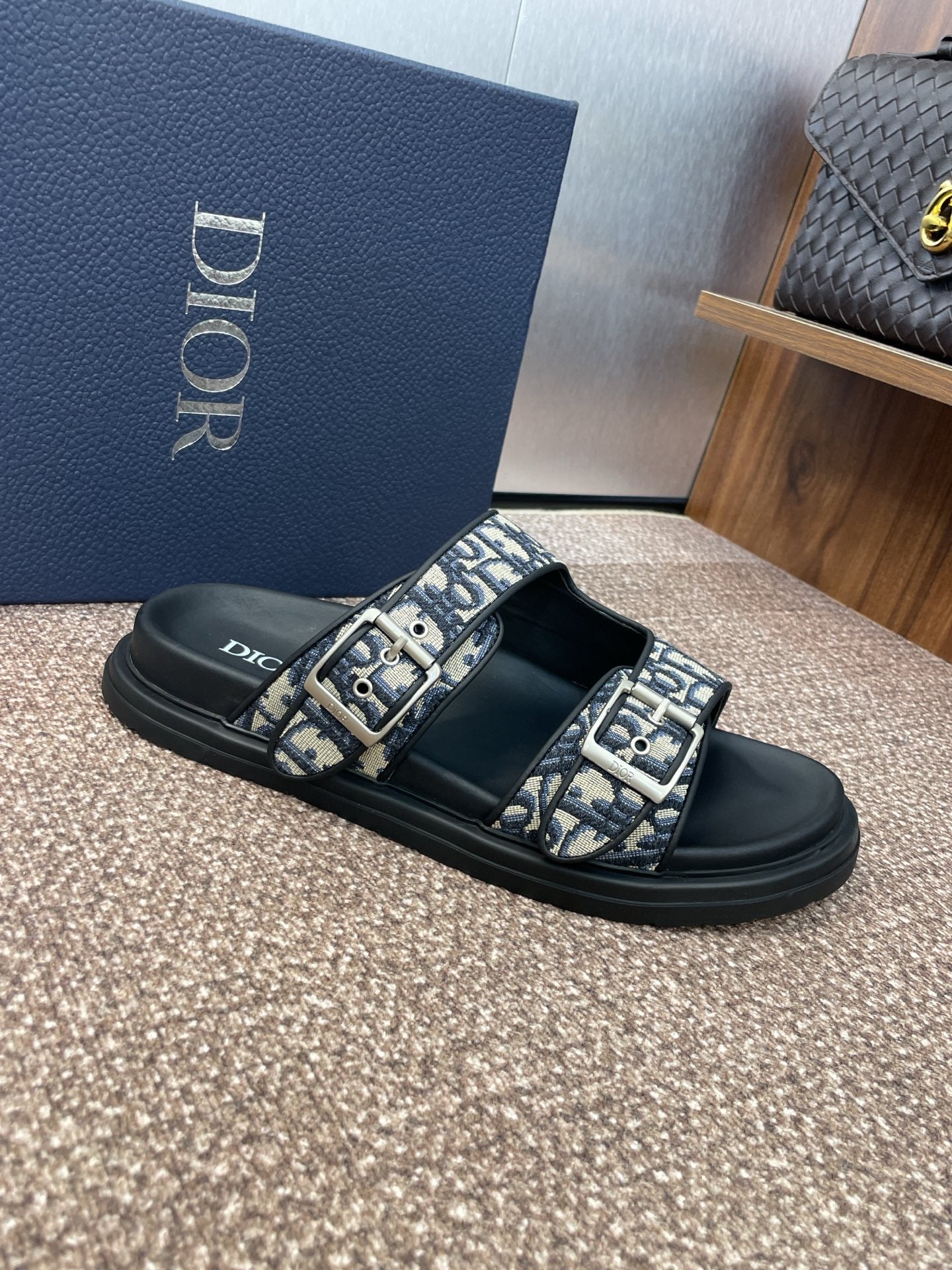 DIOR 25S ACT SLIDE IN DEEP BLUE CALFSKIN AND CANVAS SILVER HARDWARE