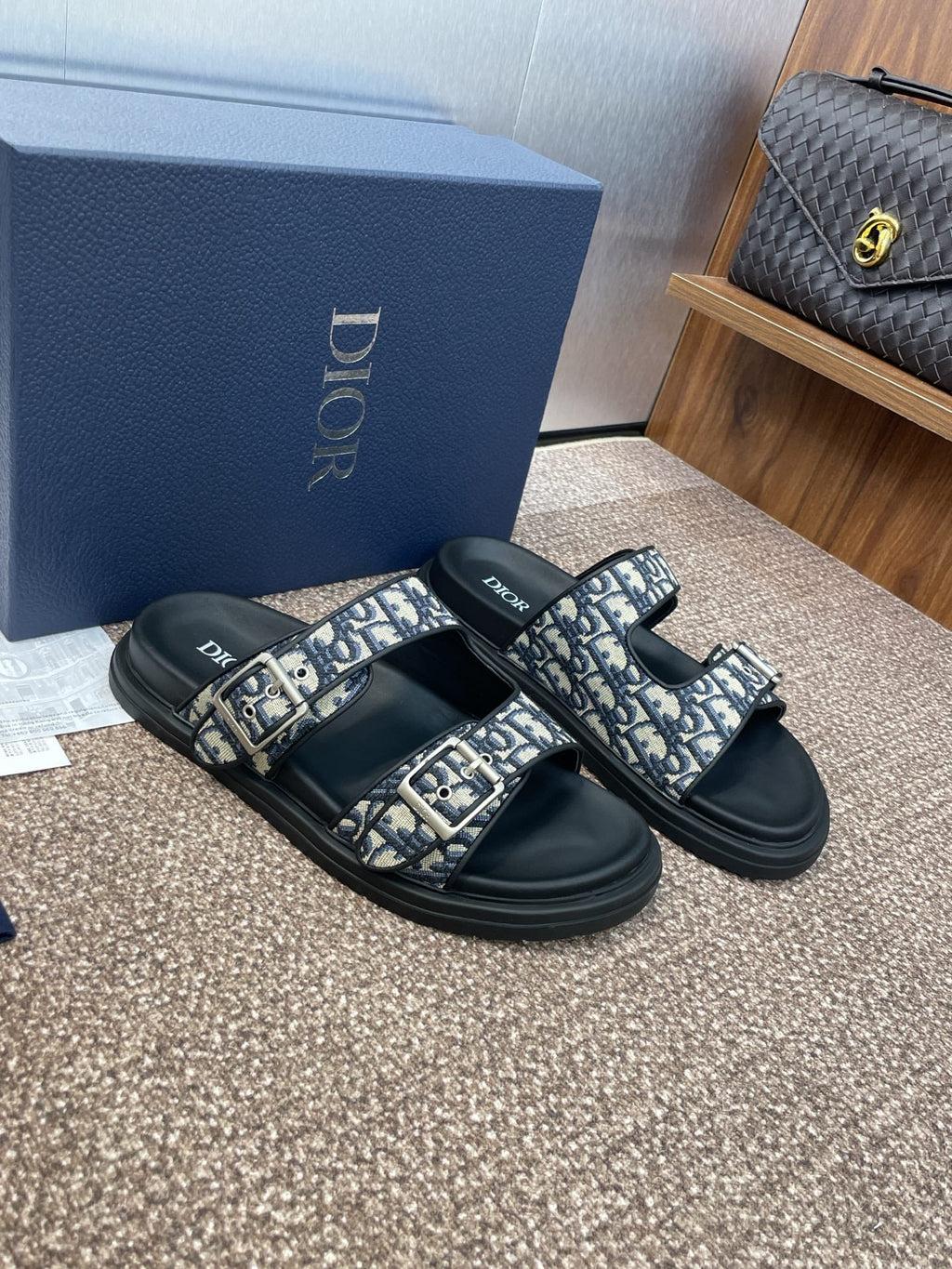 DIOR 25S ACT SLIDE IN DEEP BLUE CALFSKIN AND CANVAS SILVER HARDWARE
