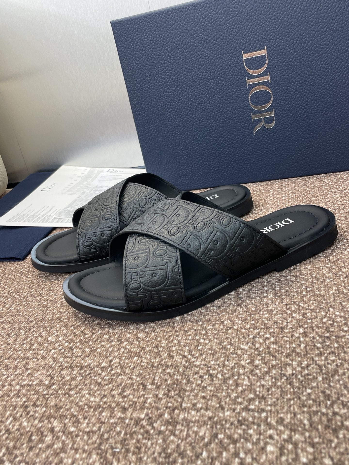 DIOR 25S ALIAS CROSS-STRAP SLIDES IN BLACK CALFSKIN