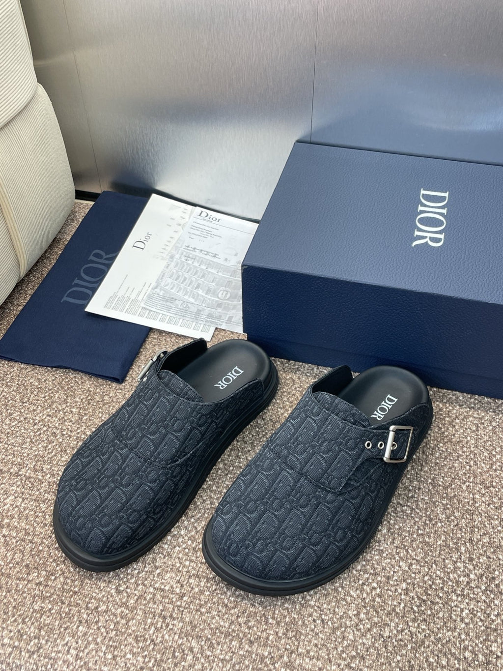 DIOR 25S AQUA MULES WITH OBLIQUE PATTERN IN DARK BLUE CANVAS