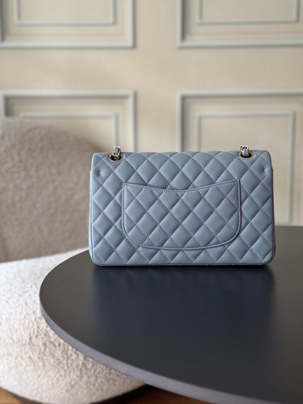 CHANEL 25S CLASSIC FLAP BAG 25 CM IN SLATE BLUE GRAY LAMBSKIN WITH GOLD HARDWARE