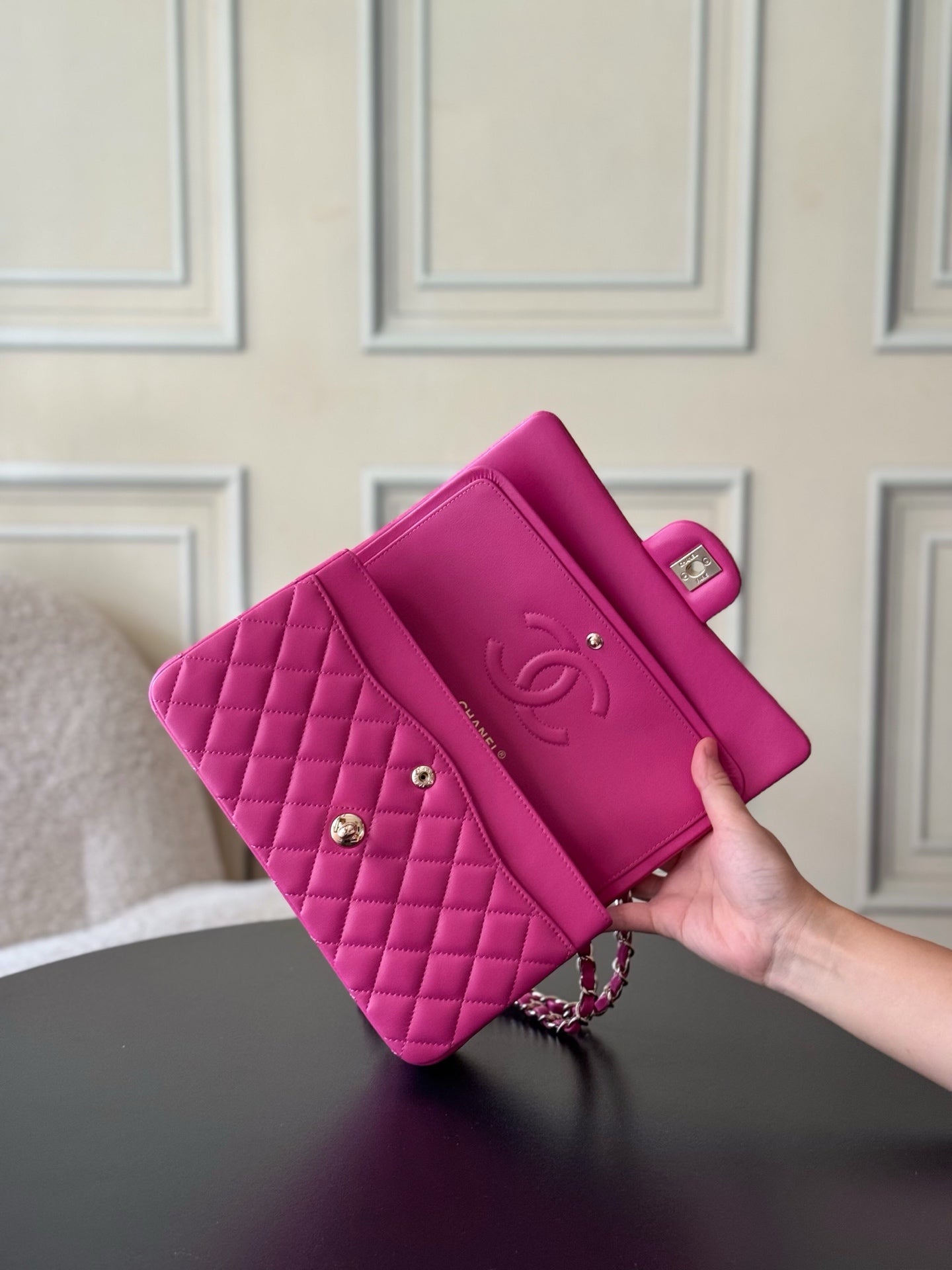 CHANEL 25S CLASSIC FLAP BAG 25 CM IN PINK LAMBSKIN WITH GOLD HARDWARE