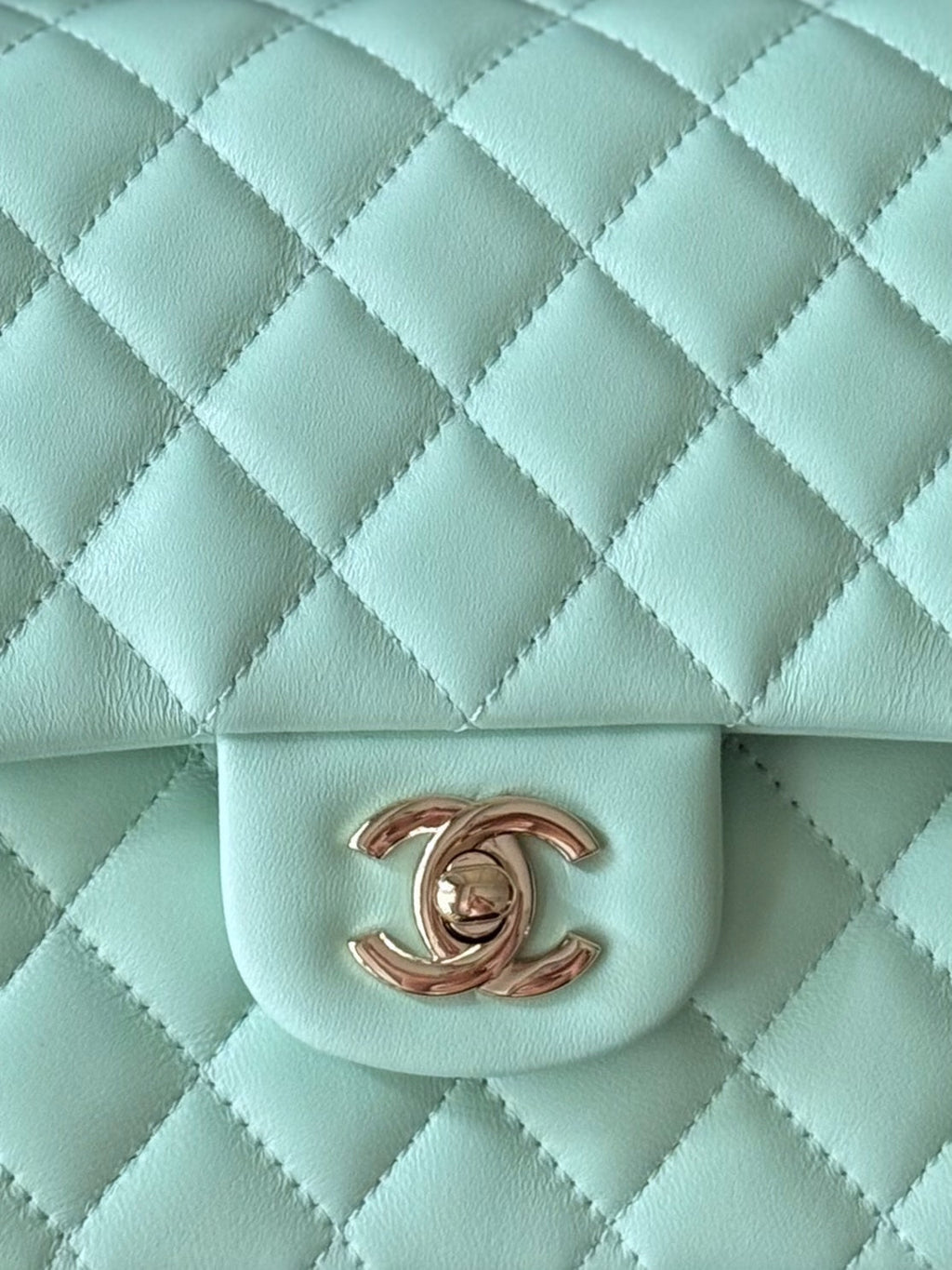 CHANEL 25S CLASSIC FLAP BAG 25 CM IN LIGHT CYAN BLUE LAMBSKIN WITH GOLD HARDWARE