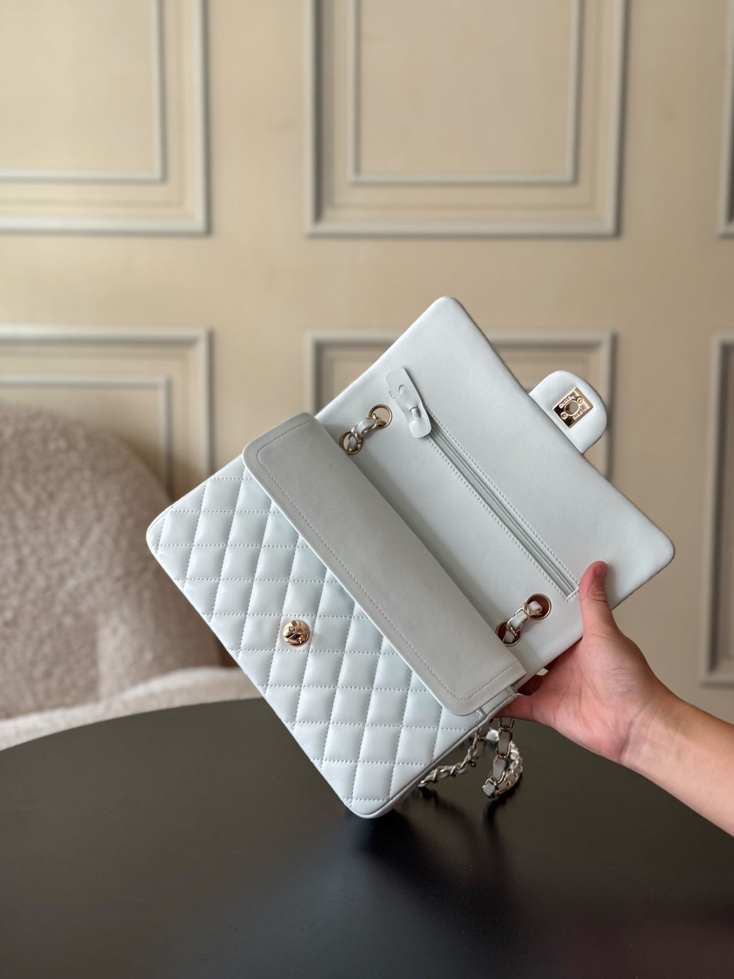CHANEL 25S CLASSIC FLAP BAG 25 CM IN LIGHT GRAY BLUE LAMBSKIN WITH GOLD HARDWARE