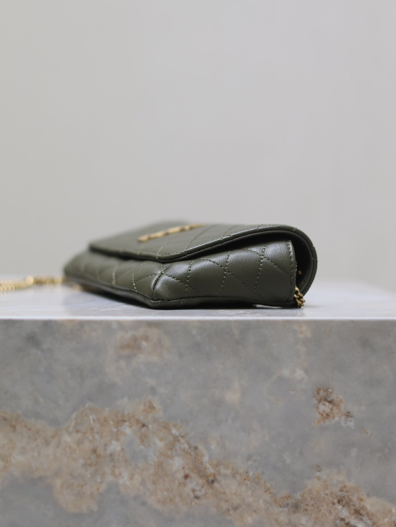 YSL 25S SAINT LAURENT GABY 19 IN DARK OLIVE QUILTED CALFSKIN GOLD HARDWARE
