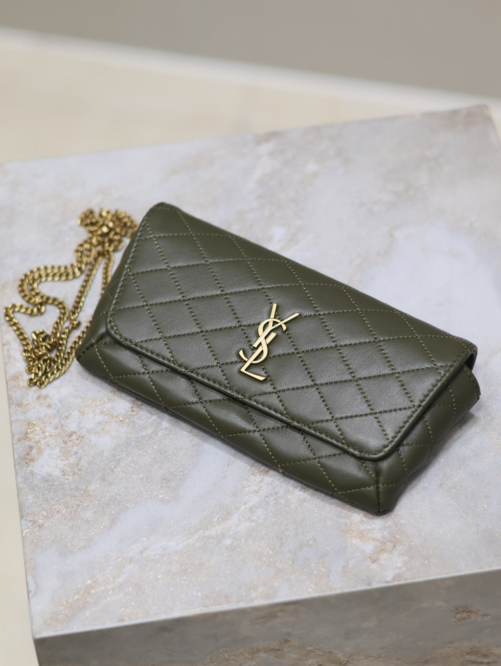 YSL 25S SAINT LAURENT GABY 19 IN DARK OLIVE QUILTED CALFSKIN GOLD HARDWARE