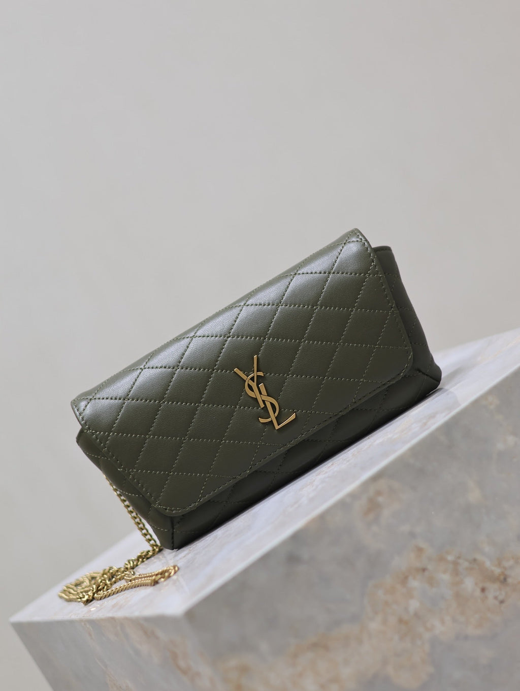 YSL 25S SAINT LAURENT GABY 19 IN DARK OLIVE QUILTED CALFSKIN GOLD HARDWARE