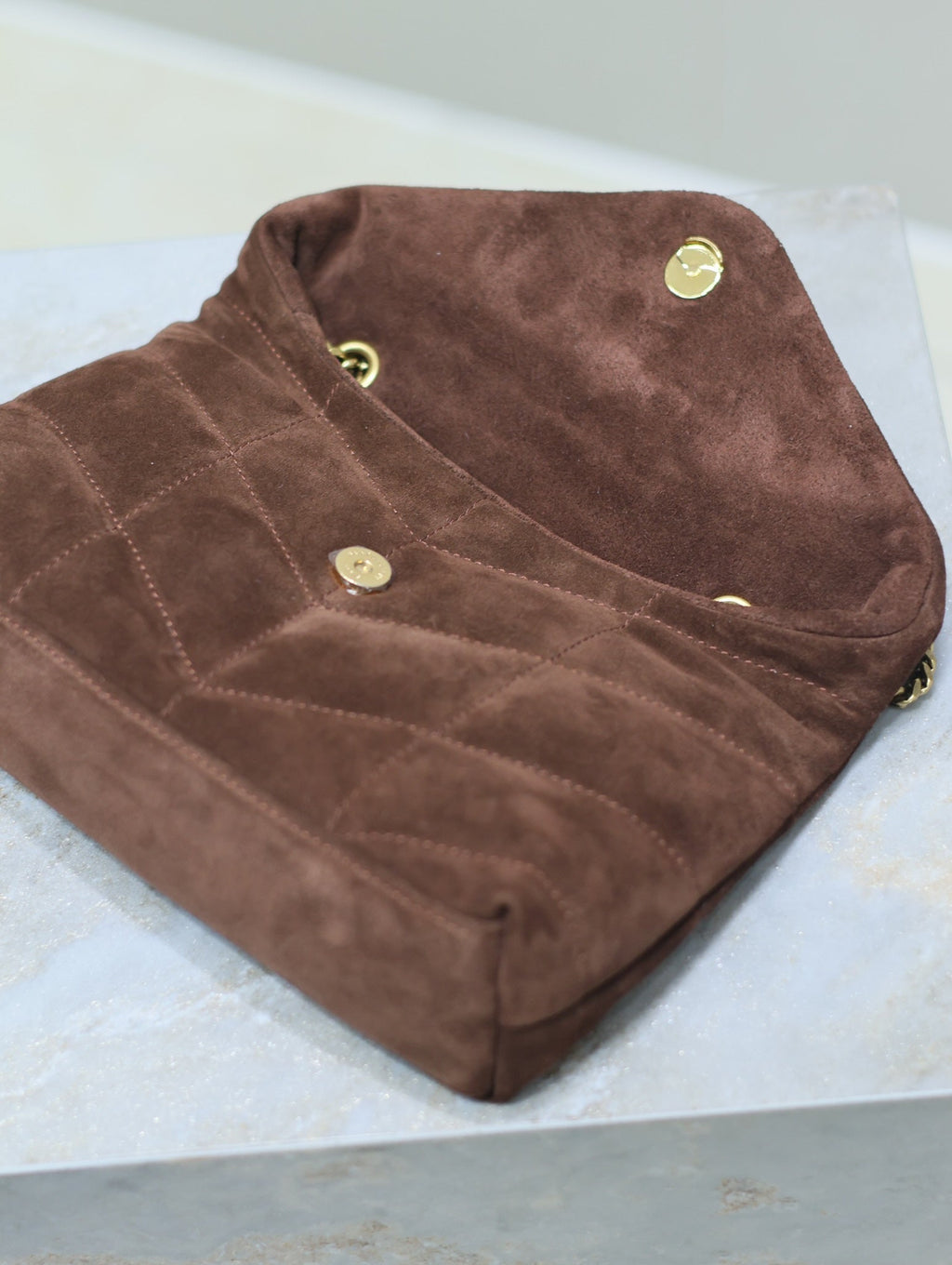 YSL 25S LOULOU PUFFER MINI 23 IN DARK BROWN SUEDE GOLD HARDWARE