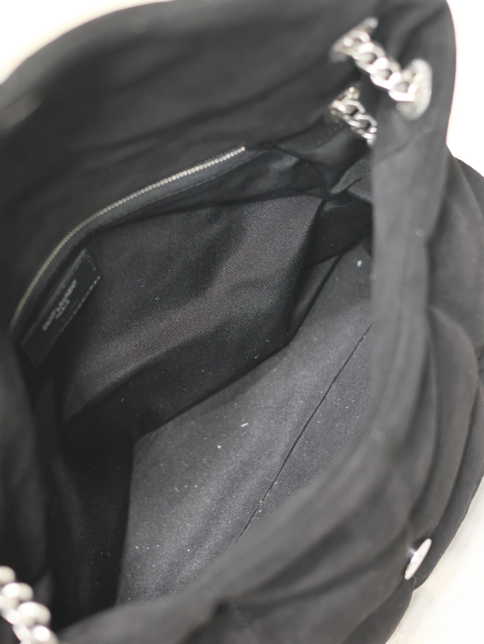 YSL 25S LOULOU PUFFER GM 35 IN BLACK SUEDE SILVER HARDWARE