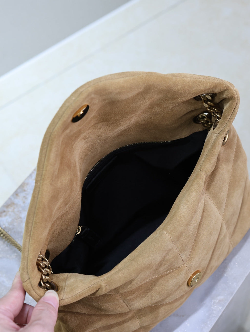YSL 25S LOULOU PUFFER MM 29 IN TAN BROWN SUEDE GOLD HARDWARE