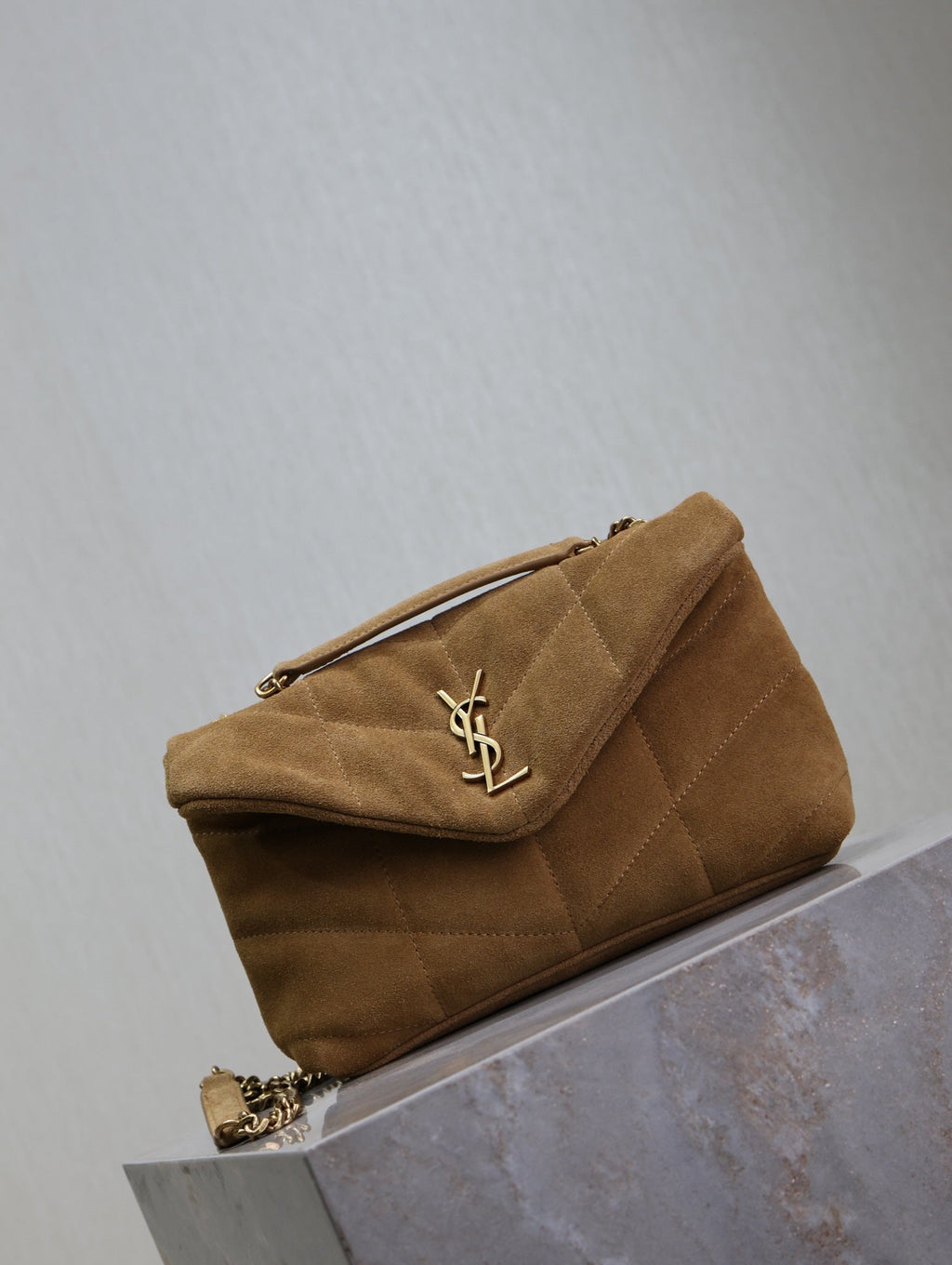 YSL 25S LOULOU PUFFER MINI 23 IN TAN BROWN SUEDE GOLD HARDWRE